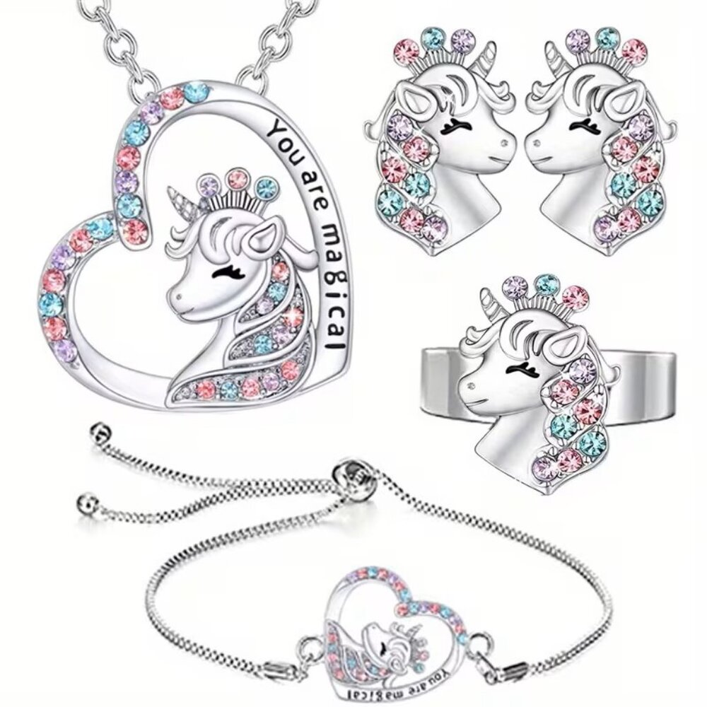 Cute 4pc Set Unicorn Rhinestone Pendant Necklace Bracelet Ring & Earrings Z292